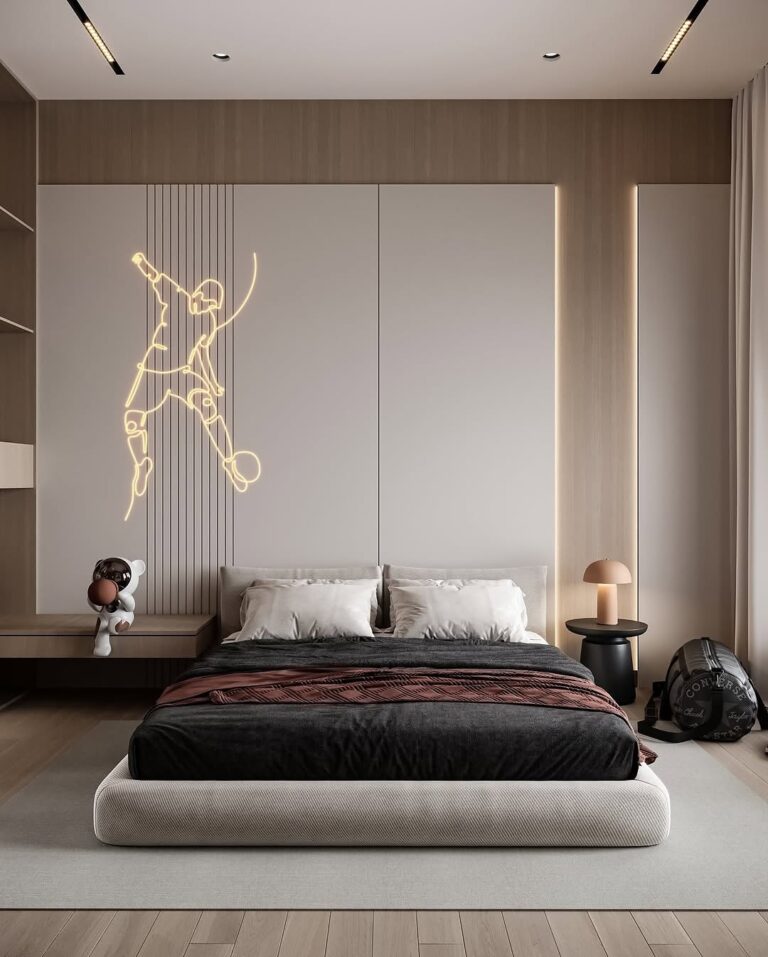 Modern Football-Themed Bedroom: A Perfect Blend of Color & Material